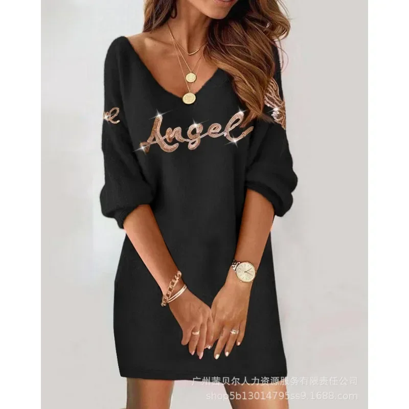 Trend Pailletten Dekoration Kleid Frauen Freizeit kleider einfarbig Winkel Flügel Muster Kurzarm lose V-Ausschnitt Freizeit kleid