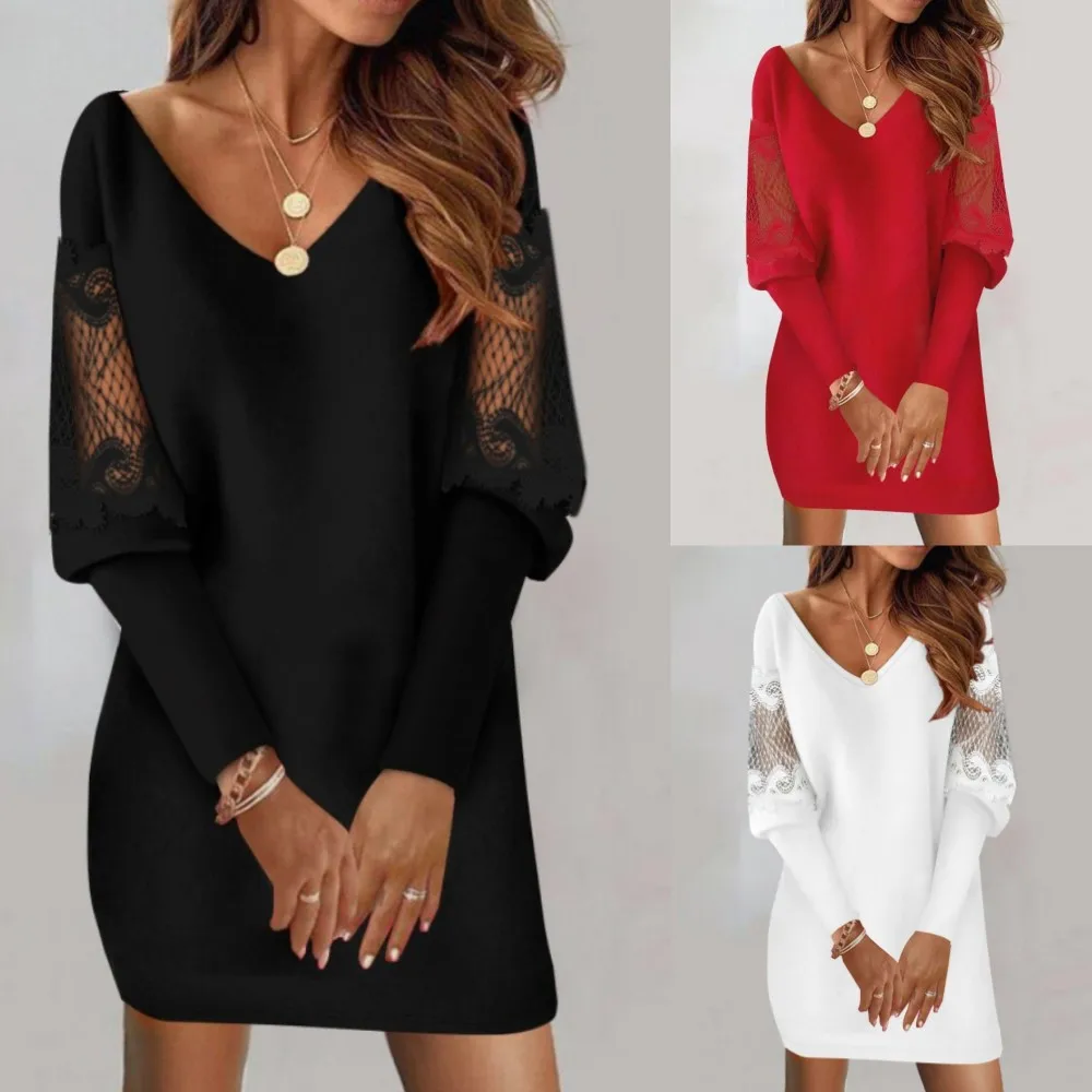 Winter Weiß Spitze Kleid Für frauen Casual V-ausschnitt Patchwork Puff Langarm Party Mini Kleider Frauen Mode Elegante Vestidos