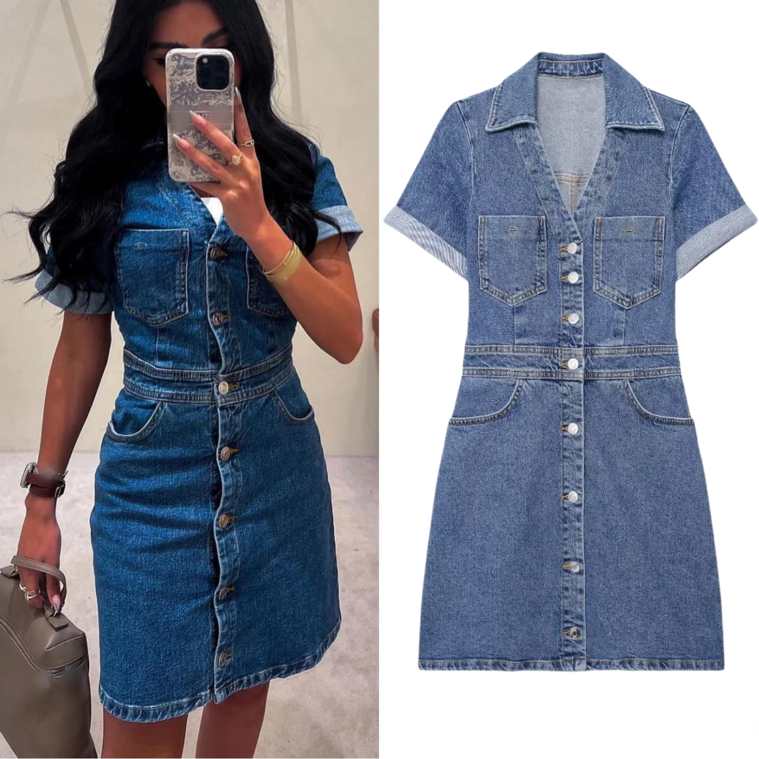 Traf Blue Denim Kleid Damen Slim Denim Mini Shirt Kleid Damen Kurzarm Kleid junge Mädchen lässig kurzen Rock 2024 Sommer