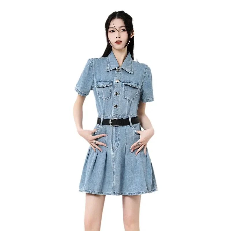 Retro-Denim-A-Linie-Kleider im amerikanischen Stil mit Gürtel Frauen Freizeit kleid blaues Mini kleid